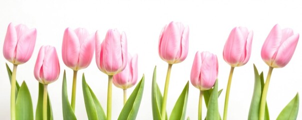 Soft pink tulips sway gently in the breeze against a crisp white background, flowers, summer
