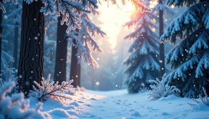 snowflakes gently falling on frosty forest canopy, serene, peaceful, nature