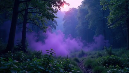 Mysterious purple mist floats through a dense green forest at dusk, atmosphere, color, trees