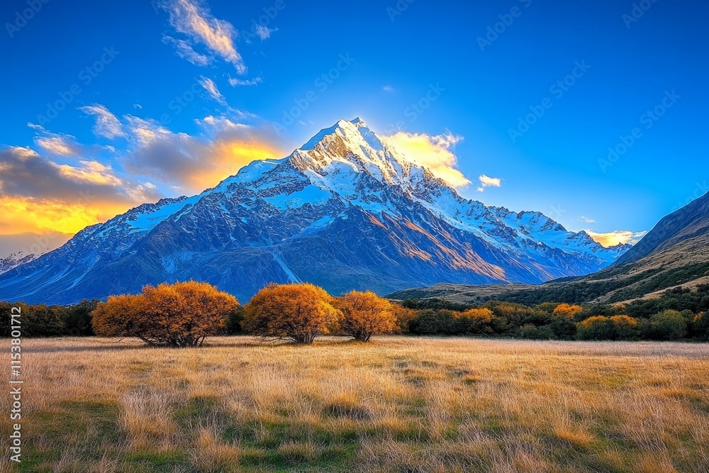 Poster A dynamic HDR image of a snow-capped mountain range glowing in the first light of dawn, with crisp shadows and soft highlights