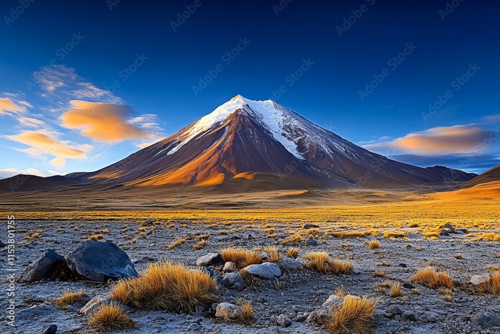 Poster A dynamic HDR image of a snow-capped mountain range glowing in the first light of dawn, with crisp shadows and soft highlights