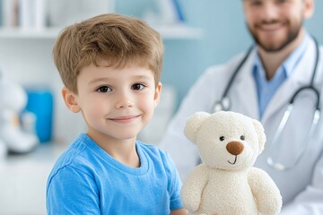 A family doctor reassuring a child during a routine check-up, holding a playful smile to make the child comfortable