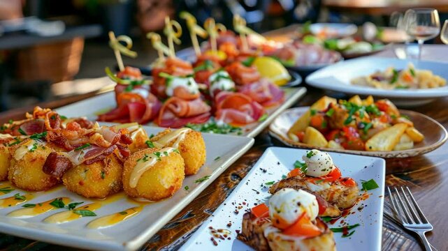 Assorted tapas on a wooden board in a cozy restaurant ambiance