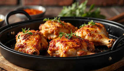 Baked chicken thighs with crispy skin and herbs in a roasting pan
