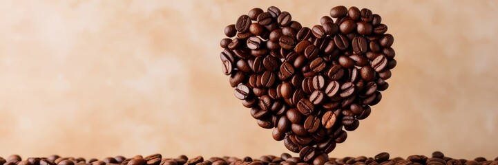 Fototapeta premium Heart made of coffee beans, place for inscription, coffee, roasted grain, brown, heart, bean, cafe, beans, drink, caffeine, love, roasted, symbol. copy space banner