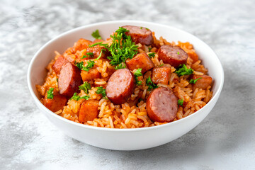 Fototapeta premium Savory Sausage and Rice Bowl, A Flavorful Dish, Perfectly Seasoned and Deliciously Satisfying.