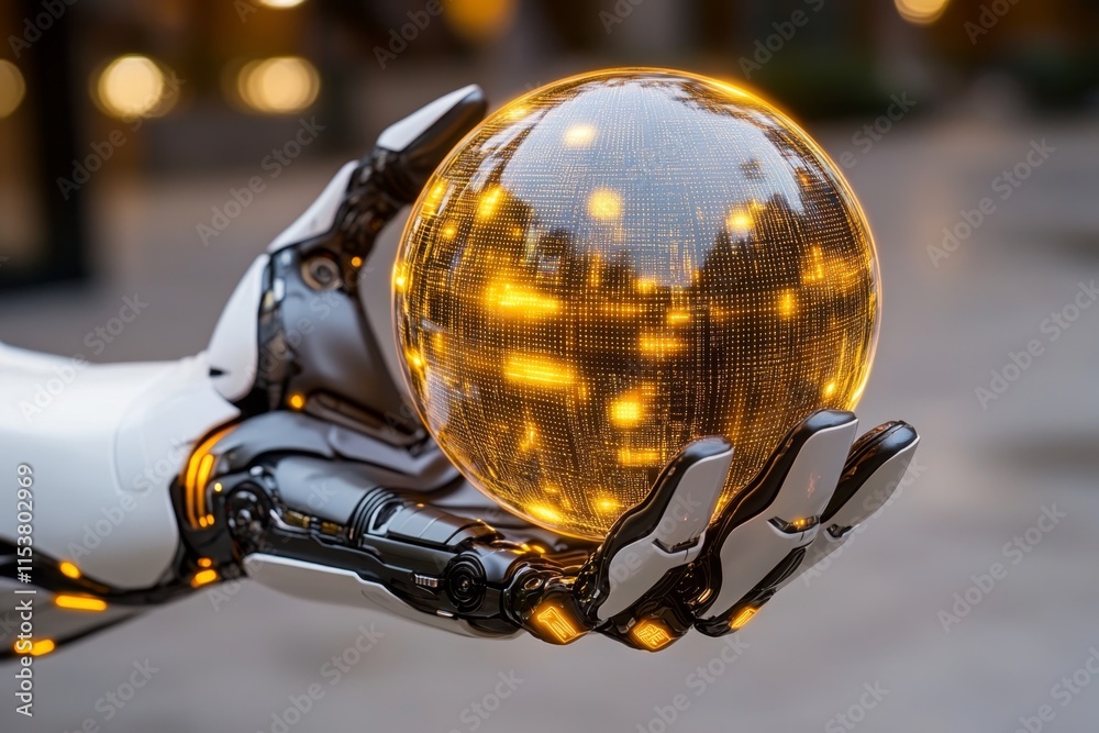 Poster A futuristic depiction of robotic hands with glowing circuits, gently holding a holographic sphere displaying data streams and digital grids
