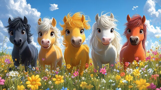 Five cartoon ponies in a colorful field.