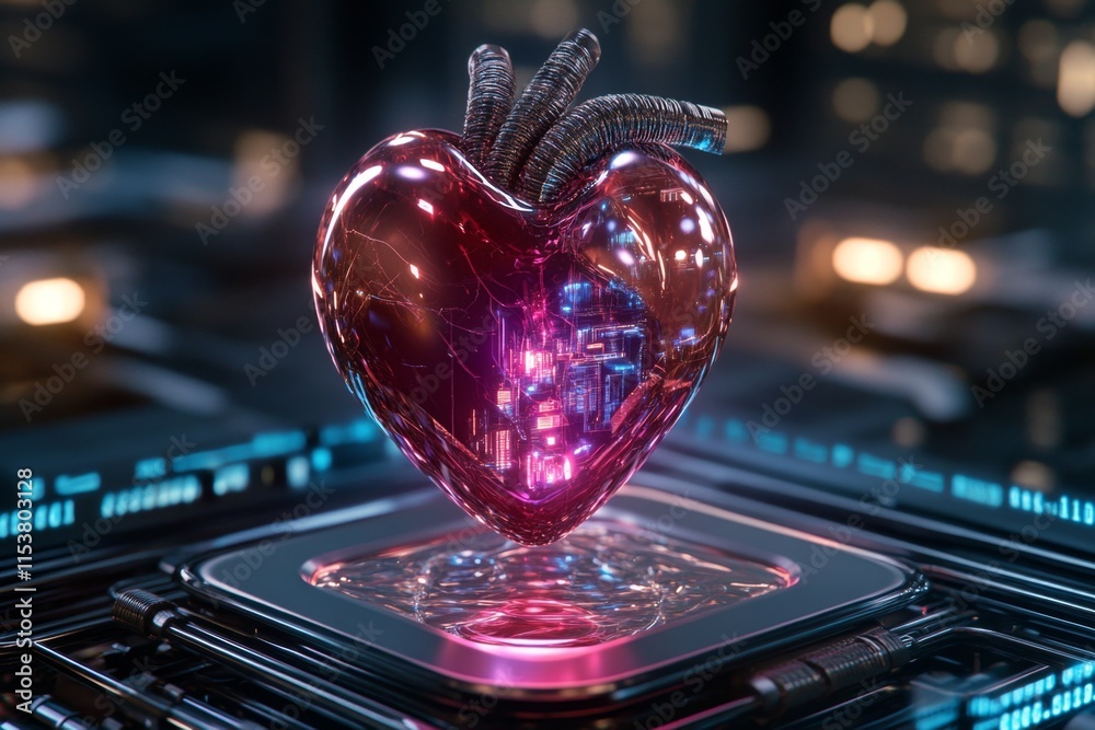 Poster a futuristic holographic heart, glowing with vibrant blue and purple light, floating above a high-te