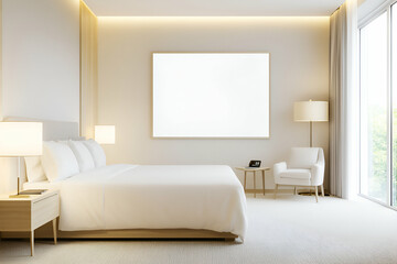 Modern Minimalist Bedroom Interior Design,  Spacious Room with White Bed, Large Canvas, and Ambient Lighting Creating a Serene Atmosphere.