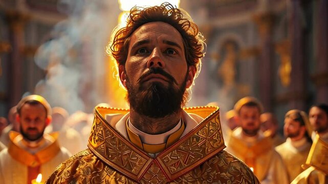 A priest enveloped in golden sunlight within a grand cathedral, his ornate robe detailed against the backdrop of glowing candles and stained glass.