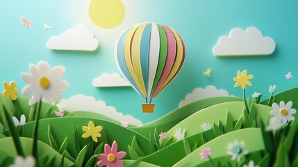 Colorful hot air balloon floating above paper art landscape symbolizing adventure, freedom, and creativity