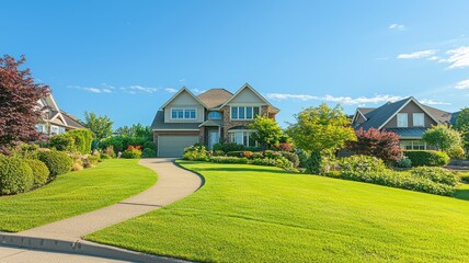 Beautiful suburban house with a well-maintained garden and landscaping.