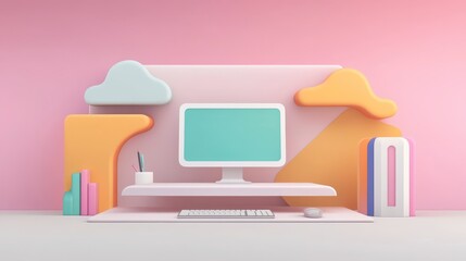 A colorful, modern workspace featuring a computer, decorative clouds, and books, set against a soft pink background.