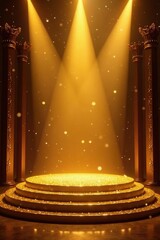 Glittering golden stage with luxurious gold light streaks and spotlights, gold, particles, ceremony