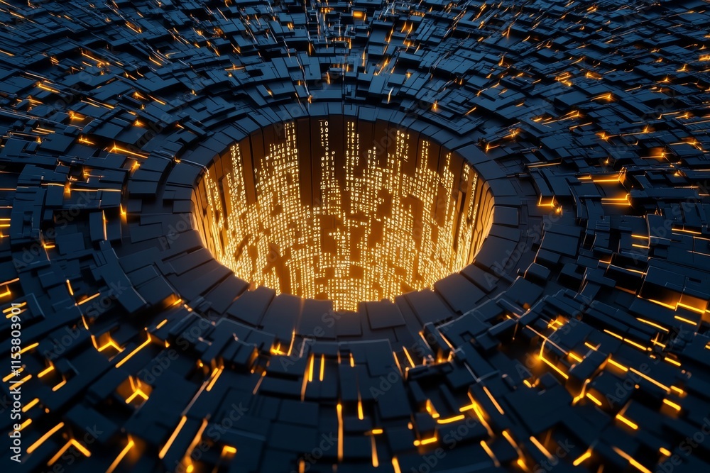 Poster A geometric design of a glowing data stream and clean lines of code emerging from a central point