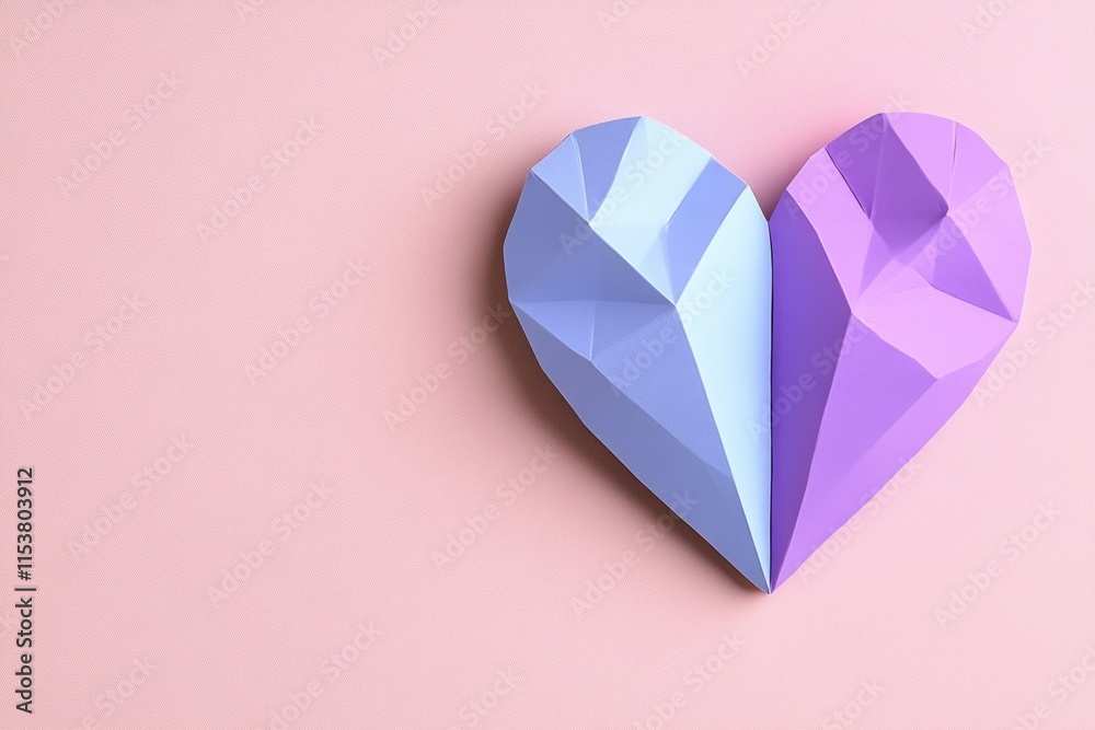 Poster a geometric heart design composed of sharp lines and pastel gradients, set against a neutral backgro