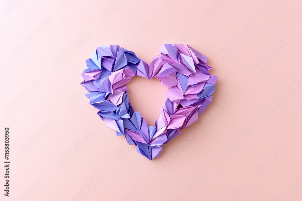 Poster a geometric heart design composed of sharp lines and pastel gradients, set against a neutral backgro