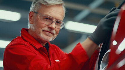 Mechanic repair A mechanic is shown aligning car wheels in a professional garage setting, showcasing automotive skills and precision in vehicle maintenance.