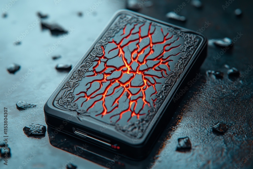 Aufkleber a gothic hdd design with dark, intricate engravings on the casing and faint red glowing cracks, plac
