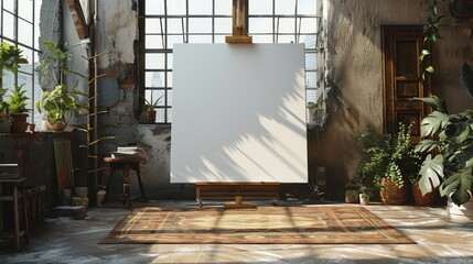 Obraz premium A white canvas is propped up against a wall in a room with a lot of greenery
