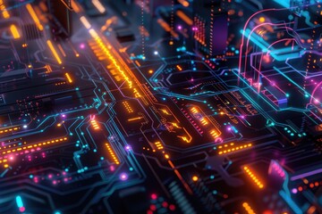 Abstract Circuit Board with Neon Lights
