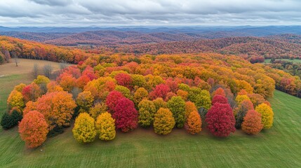 Aerial view of vibrant autumn foliage in a forest, showcasing a diverse range of red, orange, and yellow trees against a green field.