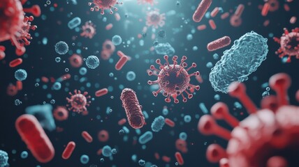 Close-up view of various bacteria and viruses in a dark setting.