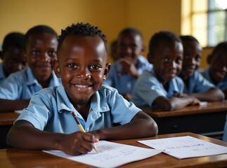 Black Children from the african village sit at desks in a classroom . Kids are in primary school. new image 