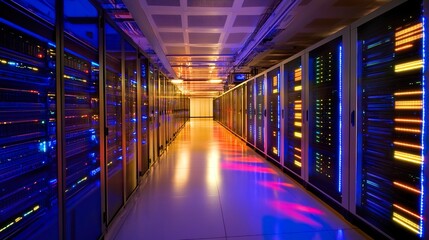 Fototapeta premium A modern data center illustrating robust cloud hosting infrastructure, with glowing server racks in a pristine environment