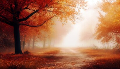 trees with orange leaves and a path in the middle of a foggy forest