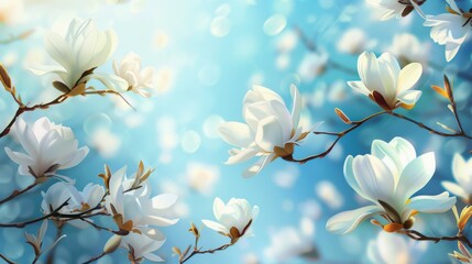 A beautiful blue sky with white flowers in the foreground
