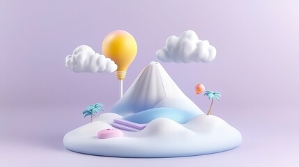 A whimsical, pastel landscape featuring a mountain, clouds, palm trees, and colorful balloons, creating a dreamy, playful scene.