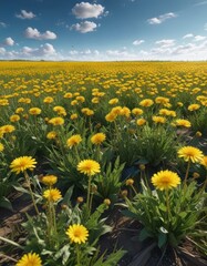 Fototapeta premium Golden dandelions against azure sky, expansive field, golden, spring