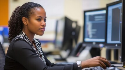 female software quality assurance professional multicultural woman testing application on multiple screens in modern tech office environment