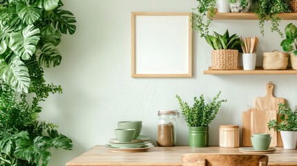 Cozy Greenery Decor in Modern Kitchen, Wooden Table and Shelves with Plants and Neutral Colors