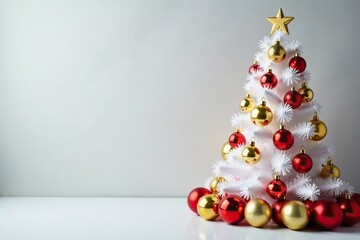 White Christmas tree adorned with golden ornaments and bright multicolored balls, Christmas, festive