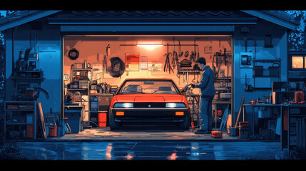Mechanic repair A mechanic works in a serene garage setting during the evening, showcasing a peaceful atmosphere and skillful craftsmanship in automotive repairs.