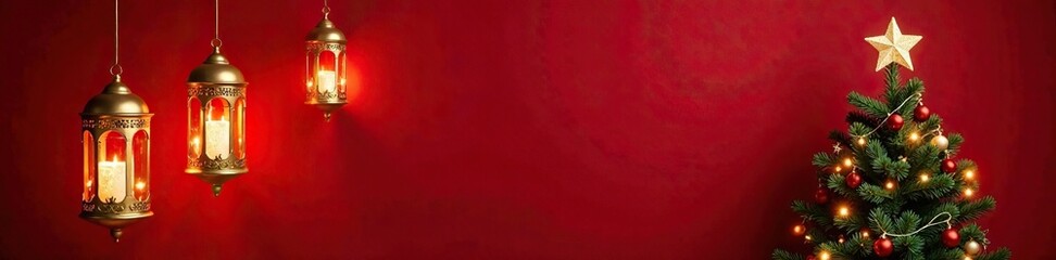 Obraz premium Golden lanterns on a red velvet wall hang above a small Christmas tree with snowflake star, velvet, lights