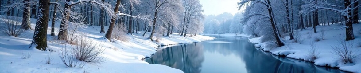Snowy forest scene with a frozen river and bare trees, serene nature, winter landscape, snow-covered land