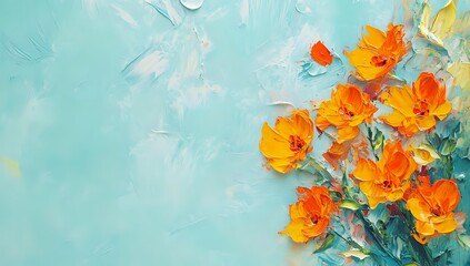 Vibrant Orange Flowers Bloom on a Textured Teal Canvas,  Oil Painting of Nature's Beauty
