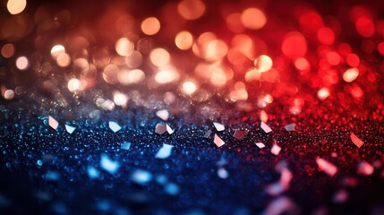 festive red, white, and blue glitter background with shimmering bokeh lights, embodying the spirit of france’s national holiday, perfect for celebration and decor