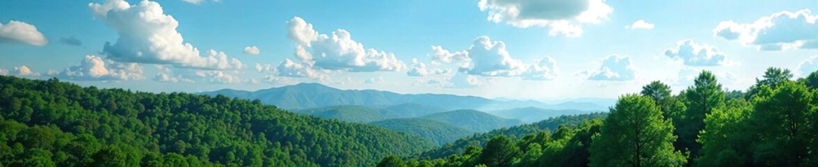 A serene forest landscape with blue and white clouds drifting lazily across the sky, natural scenery, sky condition, aerial view