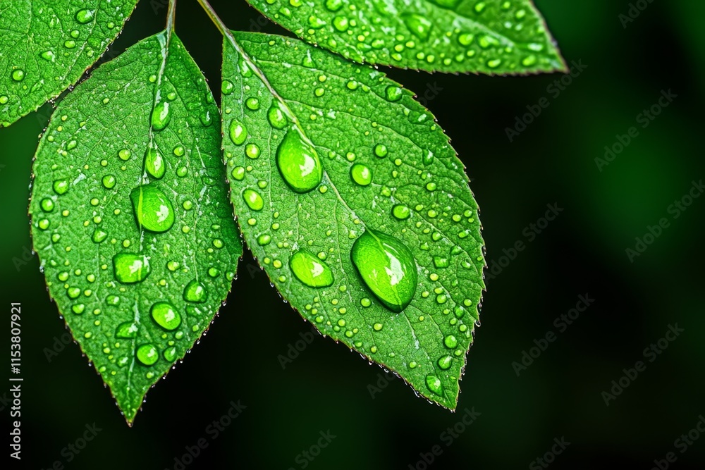 Aufkleber a hyper-realistic hdr close-up of rain droplets on a vibrant green leaf, capturing intricate reflect