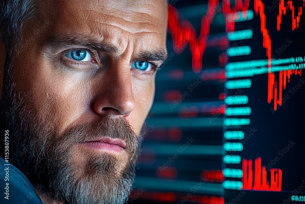 Aufkleber A hyper-realistic close-up of a developer face reflected in a monitor displaying complex code and live trading graphs