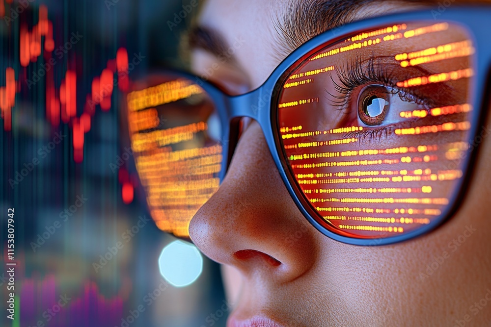 Poster A hyper-realistic close-up of a developer face reflected in a monitor displaying complex code and live trading graphs