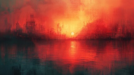 Fototapeta premium A painting of a city with a red sun in the sky