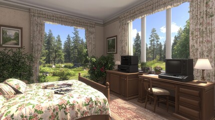 Fototapeta premium Bright and Cozy Bedroom with View of Lush Green Nature and Vintage Computer Setup