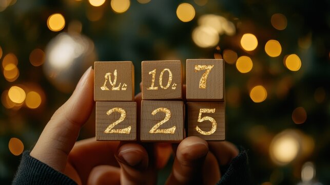 Hand turning wooden blocks to mark the countdown from 2024 to 2025 during a New Year celebration