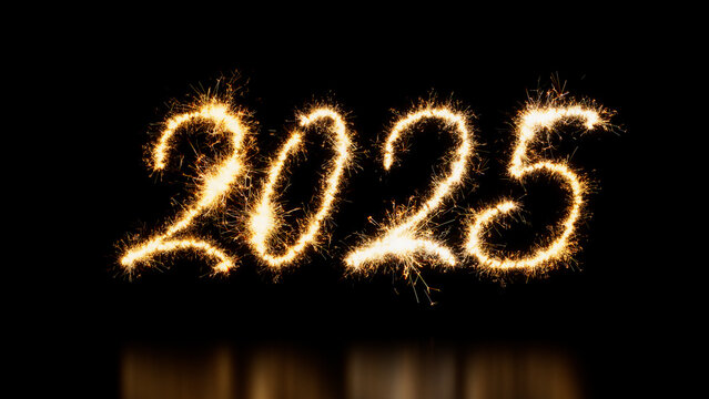 New Year Banner with 2025 Text on Black. Gold Sparkler Firework Caption.
